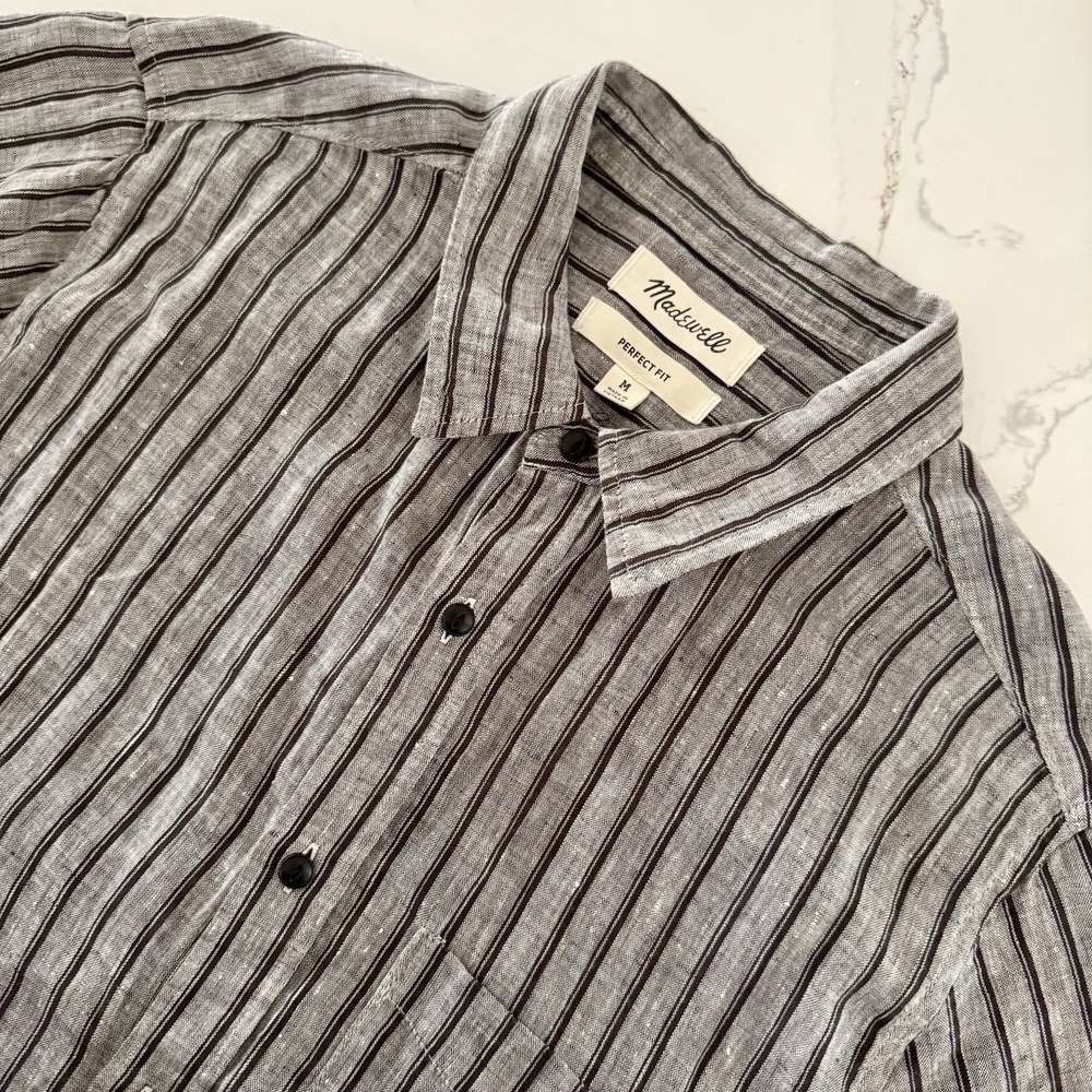 Madewell Perfect Fit Mens M Gray 100% Linen Striped Button Up Short Sleeve Shirt